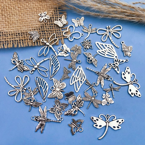 Vintage Zinc Alloy Insect Butterfly Dragonfly Charms For Jewelry Making DIY Antique Silver Metal Pendants Handicraft Accessories