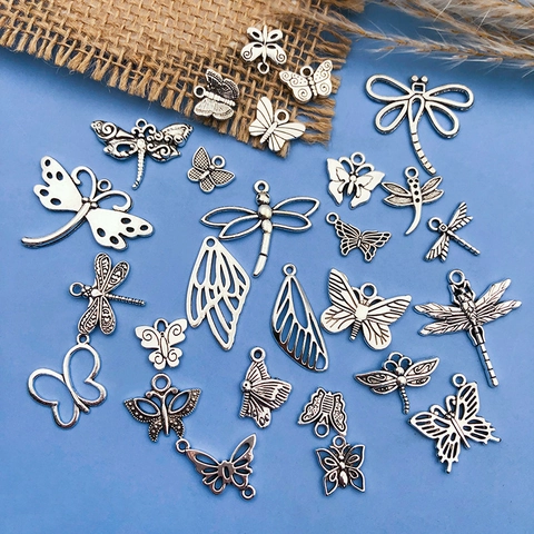 Vintage Zinc Alloy Insect Butterfly Dragonfly Charms For Jewelry Making DIY Antique Silver Metal Pendants Handicraft Accessories