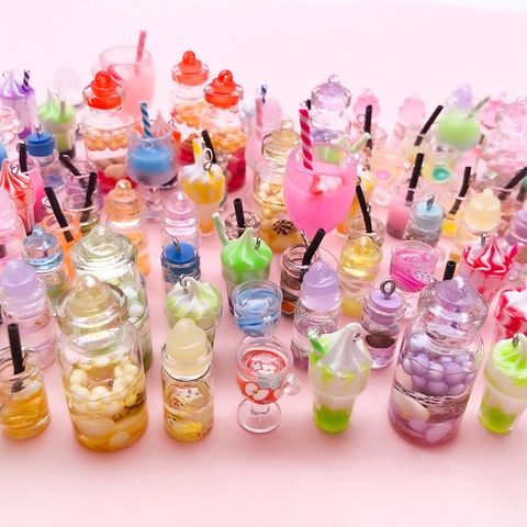Miniature Resin Drink Cup Pendants For DIY Jewelry Making Fruit Milk Tea Ice Cream Charms Keychains Accessories Mixed Styles