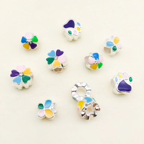 Alloy Enamel Large Hole Beads Mixed Colorful Flower Butterfly Cat Paw Charms For DIY Bracelet Necklace Jewelry Accessories
