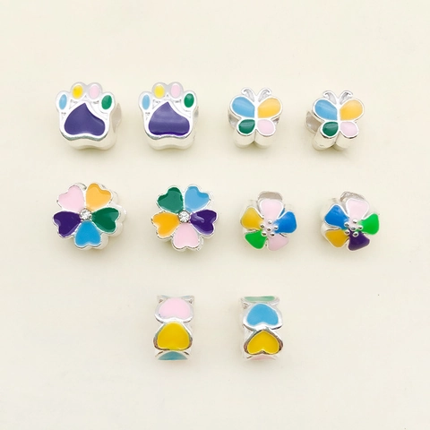 Alloy Enamel Large Hole Beads Mixed Colorful Flower Butterfly Cat Paw Charms For DIY Bracelet Necklace Jewelry Accessories