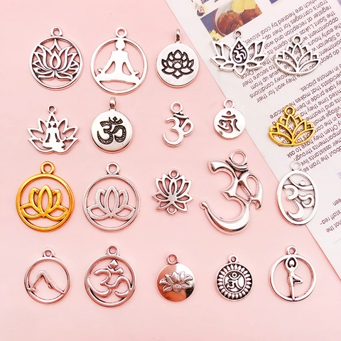 Antique Zinc Alloy Yoga Om Lotus Charms For Jewelry Making Retro Silver Gold Meditation Pendants Connectors DIY Craft Accessories