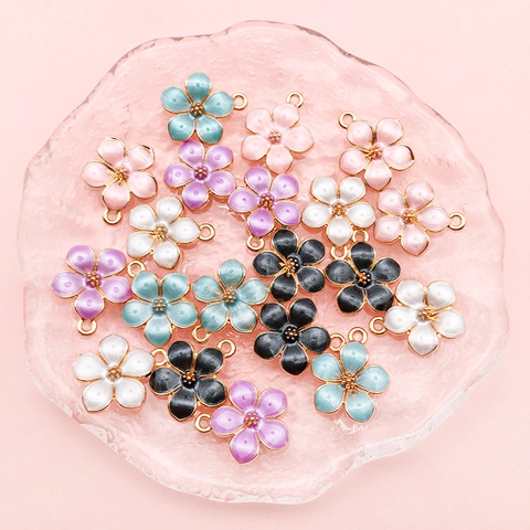 DIY Jewelry Accessories Cherry Blossom Alloy Enamel Pendants Korean Style K-Gold Color Flower Charms For Necklaces Making