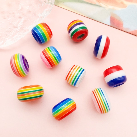 Regenbogen Gestreifte Harz Perlen Mit Großem Loch Runde Fass Abstandsperlen Für DIY Schmuckherstellung Armband Halskette