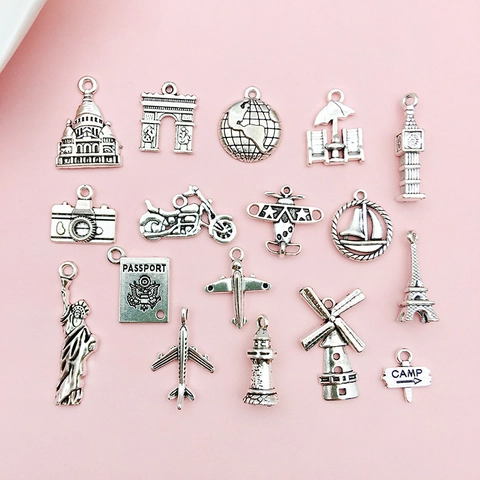 Ciondoli Mini in Lega Argento Antico Tema Viaggio Torre Eiffel Aereo Statua della Libertà Fotocamera Passaporto Accessori Fai-da-te