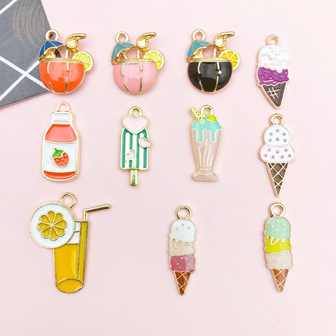 Summer Alloy Enamel Ice Cream Dessert Pendant Charms Cartoon Drinks Jewelry Findings For DIY Necklace Bracelet Accessories
