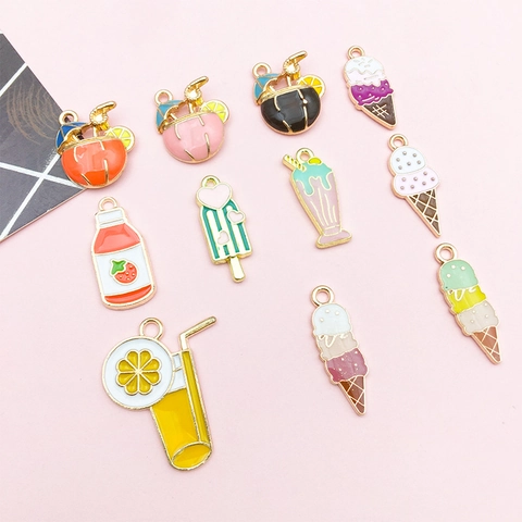 Summer Alloy Enamel Ice Cream Dessert Pendant Charms Cartoon Drinks Jewelry Findings For DIY Necklace Bracelet Accessories