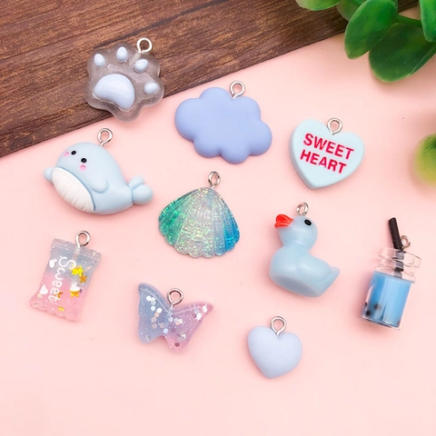 DIY Blue Resin Cartoon Pendants Mix Dolphin Butterfly Duck Candy Shape Alloy Charms For Jewelry Making Bag Keychain Decor
