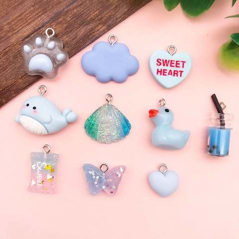 DIY Blue Resin Cartoon Pendants Mix Dolphin Butterfly Duck Candy Shape Alloy Charms For Jewelry Making Bag Keychain Decor
