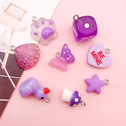 Purple Resin DIY Jewelry Making Charms Grapes Shell Cat Paw Star Heart Shapes Pendant Only For Keychain Bracelet Necklace