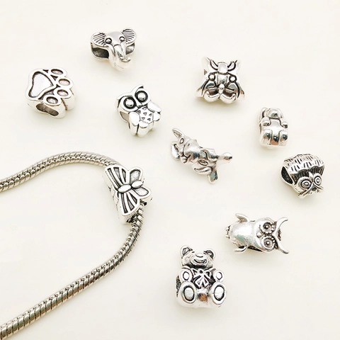 Antique Silver Alloy Large Hole Beads For DIY Snake Chain Bracelet Making Owl Butterfly Animal Charms Jewelry Accessories