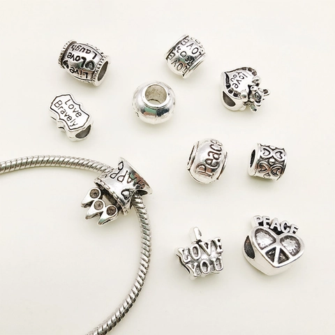 Retro Alloy Large Hole Charm Beads Heart Peace Love Engraved Antique Silver Spacer Beads For DIY Bracelet Jewelry Making