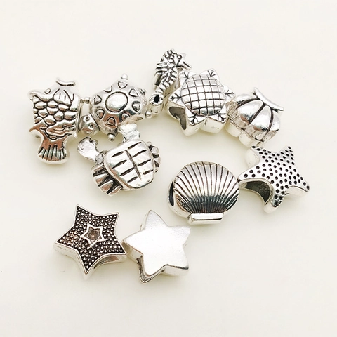 Ozean Thema Zinklegierung Großlochperlen Retro Antik Silber Schildkröte Seestern Muschel Sonnenblume DIY Schmuckherstellung Zubehör