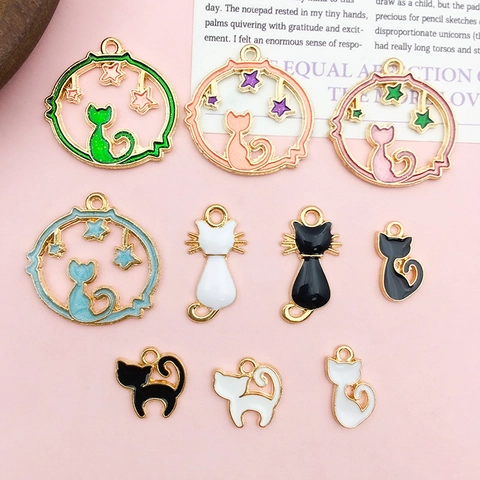 Cute Cartoon Enamel Cat Starry Sky Pendants Alloy Animal Charms For DIY Necklace Bracelet Keychain Jewelry Making Accessories
