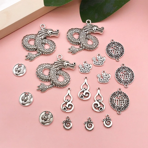 Vintage Antique Silver Alloy Chinese Dragon Fu Character Pendants Hollow Gourd Charms For DIY Jewelry Making Accessories