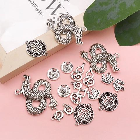 Vintage Antique Silver Alloy Chinese Dragon Fu Character Pendants Hollow Gourd Charms For DIY Jewelry Making Accessories