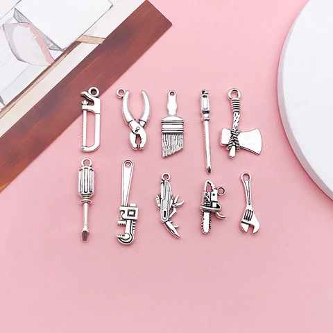 Vintage Miniature Tool Alloy Charms Antique Silver Finish Axe Wrench Pliers Screwdriver Saw DIY Jewelry Making Findings Accessories