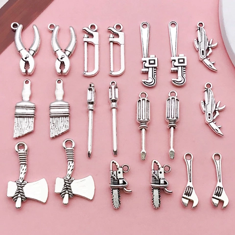 Vintage Miniature Tool Alloy Charms Antique Silver Finish Axe Wrench Pliers Screwdriver Saw DIY Jewelry Making Findings Accessories