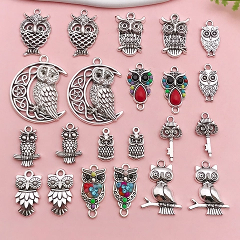 Owl Pendant Vintage Antique Silver Zinc Alloy Moon Key Charms Colorful Enamel Rhinestone Accessories For DIY Jewelry Necklace Crafting