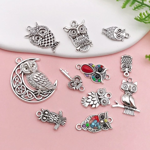 Owl Pendant Vintage Antique Silver Zinc Alloy Moon Key Charms Colorful Enamel Rhinestone Accessories For DIY Jewelry Necklace Crafting
