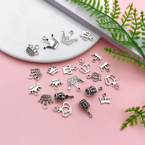 Vintage Antique Silver Zinc Alloy Crown Pendants Princess Letter Charms DIY Necklace Bracelet Making Jewelry Accessories