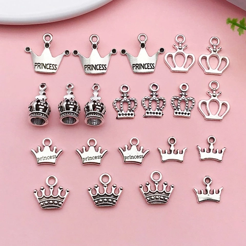 Vintage Antique Silver Zinc Alloy Crown Pendants Princess Letter Charms DIY Necklace Bracelet Making Jewelry Accessories