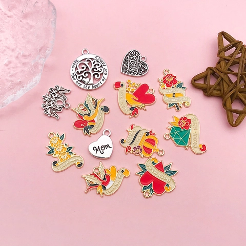 Mother's Day Alloy Enamel DIY Jewelry Charms Heart Rose Flower Crown Tree Of Life Pendant For Necklace Keychain Making Mom Gift