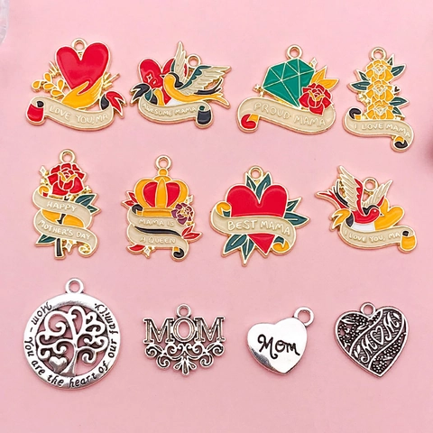 Mother's Day Alloy Enamel DIY Jewelry Charms Heart Rose Flower Crown Tree Of Life Pendant For Necklace Keychain Making Mom Gift