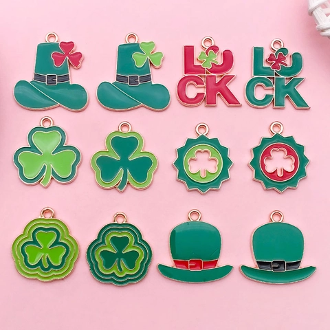 Ciondoli Fai-da-te a Forma di Trifoglio in Lega Smaltata per San Patrizio Cappello Irlandese Portafortuna Accessori per Creazione Gioielli