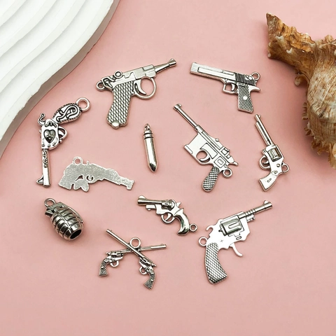 Antique Silver Alloy Weapon Charms Set Mini Pistol Revolver Bullet Grenade Pendants For DIY Jewelry Making Necklace Bracelet Accessory