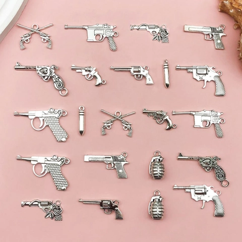 Antique Silver Alloy Weapon Charms Set Mini Pistol Revolver Bullet Grenade Pendants For DIY Jewelry Making Necklace Bracelet Accessory