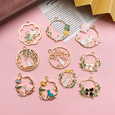Vintage Alloy Enamel Cat Pendant For DIY Jewelry Making Cherry Blossom Butterfly Hollow Design Rhinestone Charm Accessories