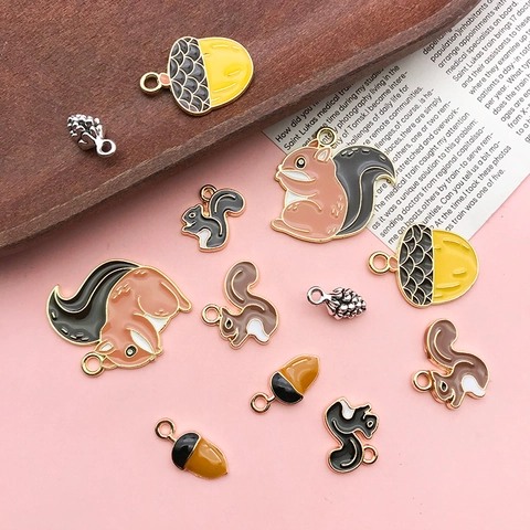 Alloy Enamel Squirrel Pinecone Acorn Charms For Jewelry Making DIY Earring Keychain Autumn Thanksgiving Animal Pendants
