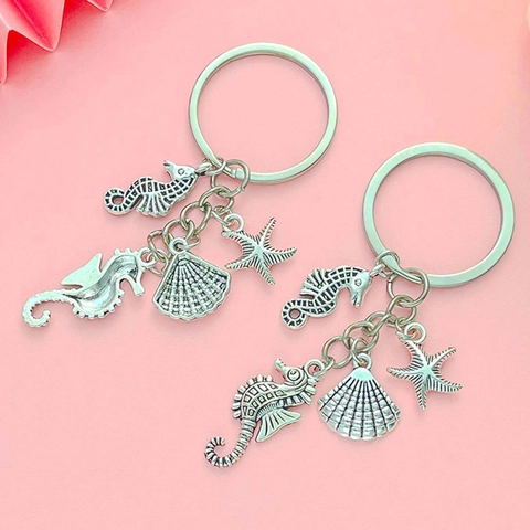 Vintage Silver Zinc Alloy Ocean Keychain With Seahorse Shell Starfish Pendant Decorative Bag Charm For Women Accessories