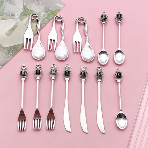 Vintage Zinc Alloy Miniature Tableware Crown Charms For DIY Jewelry Making Antique Silver Fork Spoon Knife Pendants Craft Accessory