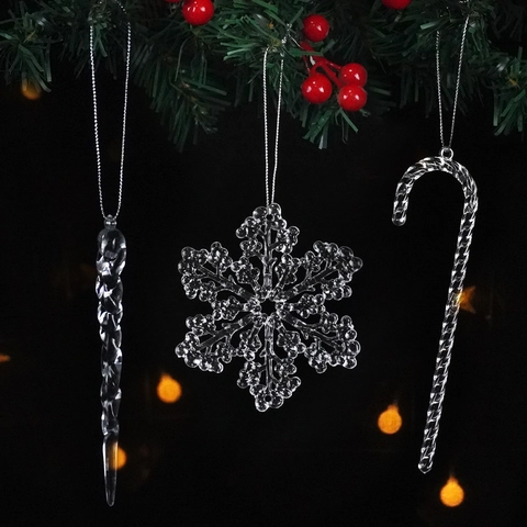 Christmas Hanging Ornaments Clear Acrylic Snowflake Icicle Candy Cane Festive Xmas Tree Decoration Winter Wonderland