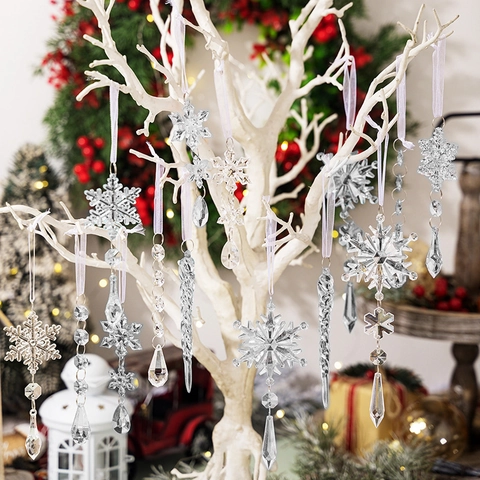 Acryl Weihnachten Schneeflocke Eiszapfen Hängende Ornamente Set Transparente Blaue Kunststoff Kristall Anhänger Für DIY Weihnachtsbaum Deko