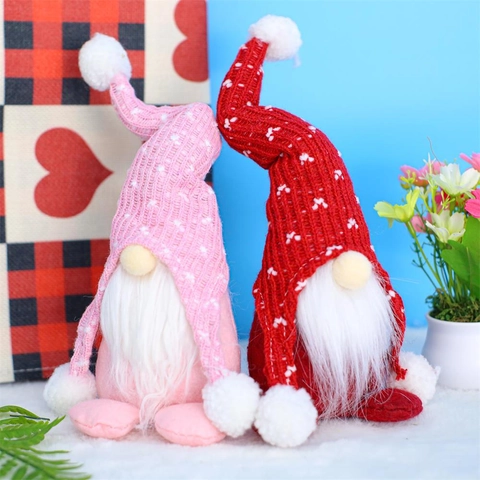 Gnomo Senza Volto di San Valentino Bambola di Peluche Cappello a Maglia Pois Barba Bianca Tomte Ornamento Decorazione Desktop Casa