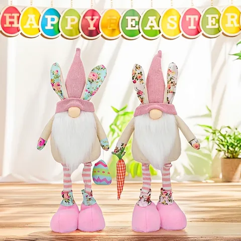 Easter Bunny Gnome Plush Decorations Pink Telescopic Rudolph Doll With Rabbit Ears For Home Table Holiday Ornament Gifts