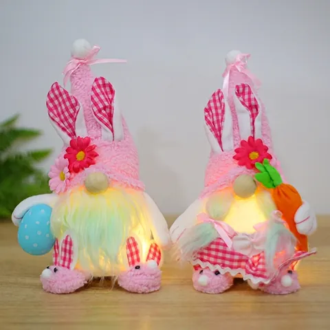 Easter Pink Gnome Plush Doll With Rabbit Ears Light Up Bunny Holding Egg Carrot Easter Decoration For Home Spring Party