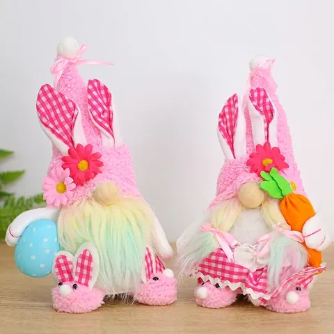 Easter Pink Gnome Plush Doll With Rabbit Ears Light Up Bunny Holding Egg Carrot Easter Decoration For Home Spring Party