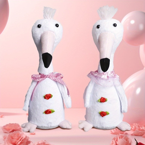 Cute Glowing Flamingo Plush Toy With Bowknot Lace Rose Decor White Long Neck Bird Stuffed Animal For Home Valentine's Day Gift