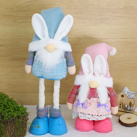 Easter Gnome Plush Decoration With Telescopic Legs Rabbit Ears Pink Blue Knitted Fabric Faceless Doll Figurine For Home Holiday Party Tabletop Ornament
