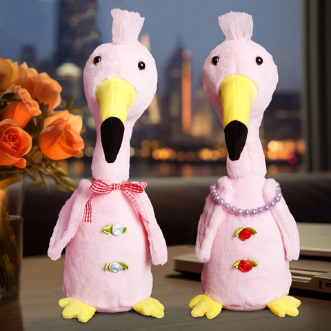 Valentine's Day LED Glowing Flamingo Plush Toy Cute Stuffed Animal With Bow Artificial Pearl Necklace Pink Bird Doll Home Decor Gift
