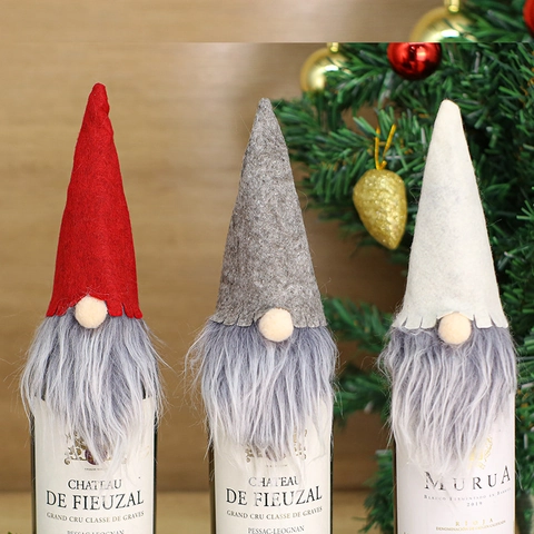 Housse de Bouteille de Vin Gnomes de Noël Décoration Festive en Polyester Poupée Sans Visage Ornement pour Fête de Noël Table