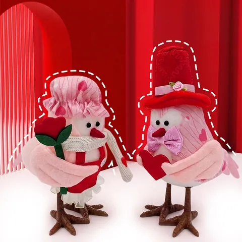 Set di Statuine di Uccelli per San Valentino Ornamenti per Uccelli in Peluche con Cuore e Rosa Con Cappello e Sciarpa per Decorazioni Domestiche Romantiche