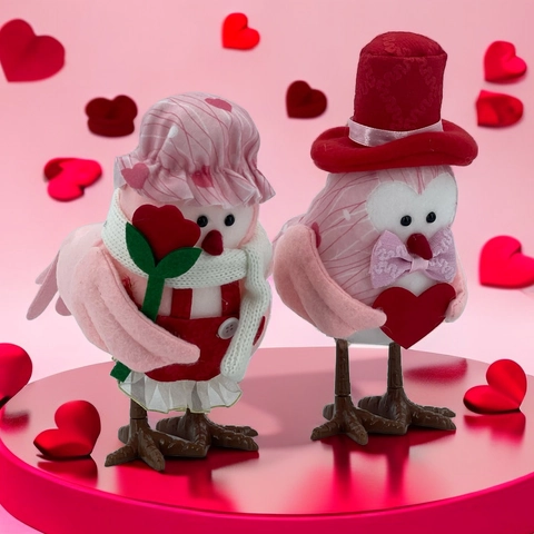 Valentine's Day Bird Figurines Set Plush Heart Rose Bird Ornaments With Hat Scarf For Romantic Home Desktop Decor Festive Gift