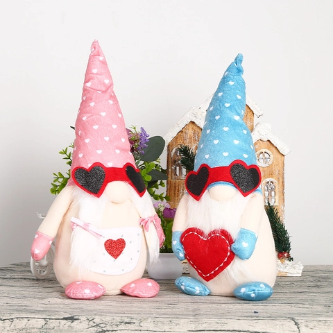 Gnome en Peluche avec Lunettes Cœur Saint-Valentin Poupée Nain Sans Visage Décoration de Table Cadeau Romantique Couple