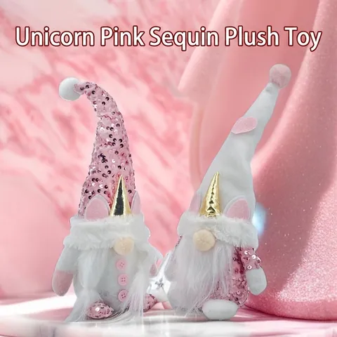 Gnomo de Navidad con Lentejuelas de Unicornio Muñeco de Peluche Con Cuerno Dorado Figuritas de Enano Rosa Blanco Decoración de Hogar
