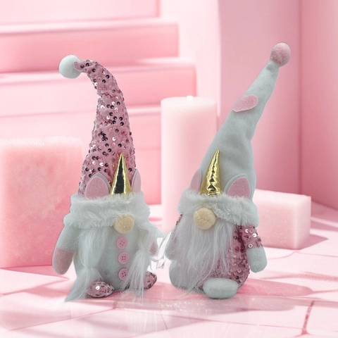 Gnomo de Navidad con Lentejuelas de Unicornio Muñeco de Peluche Con Cuerno Dorado Figuritas de Enano Rosa Blanco Decoración de Hogar